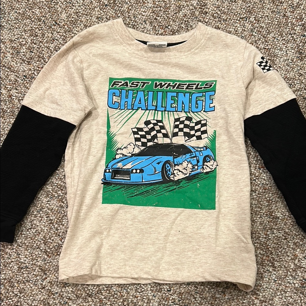 MISH Beige & Black Long Sleeve 'Fast Wheels Challenge' Tee with Blue Car Graphic